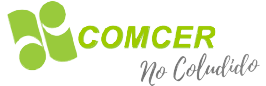 Logo de COMCER No Colembio en verde, con icono de tres formas geométricas. Fondo transparente.