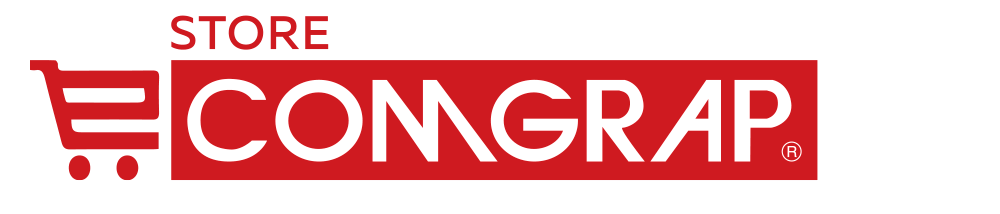 Logo de tienda Comgrap con carrito de compras y diseño en rojo y blanco.