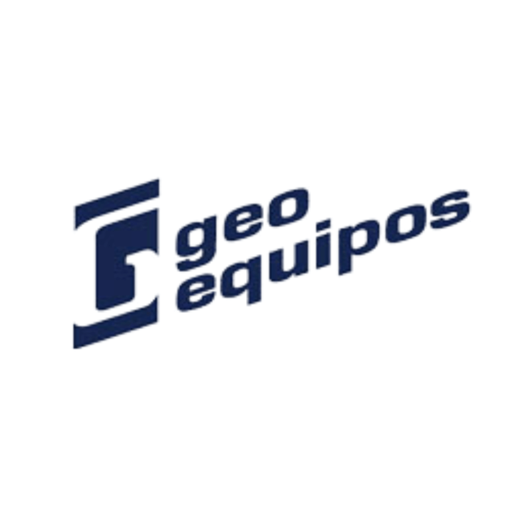 Logo de Geo Equipos con diseño de texto azul y símbolo estilizado a la izquierda, sobre fondo blanco.
