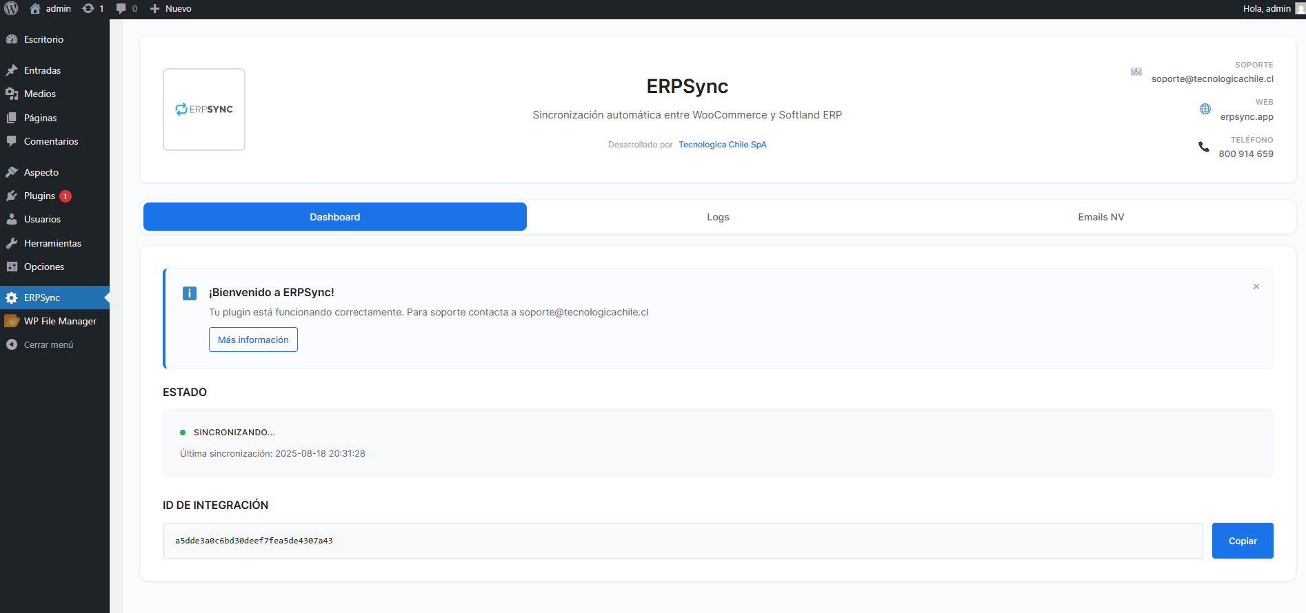 Panel de administración ERPSync funcionando en WordPress
